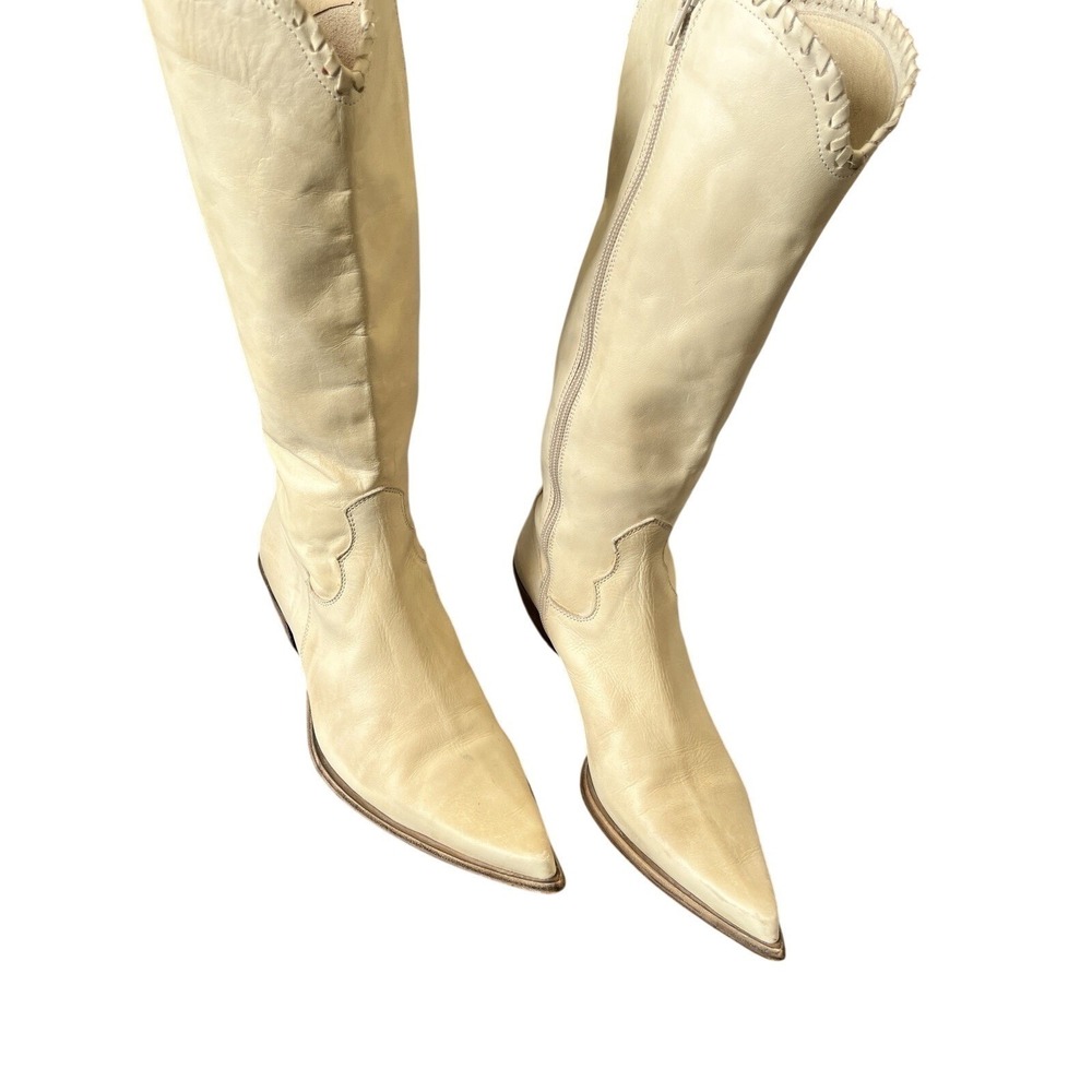 Vintage Pointed Toe Cream Italian Leather Western Boots Stacked Heel Zip Up 9 - Picture 2 of 16
